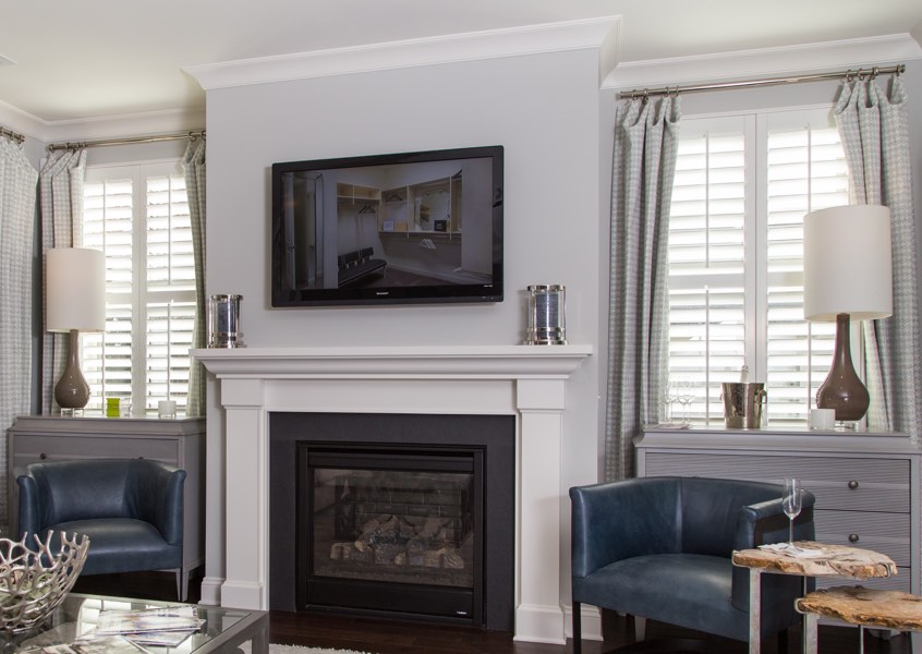 family room San Jose faux wood shutters